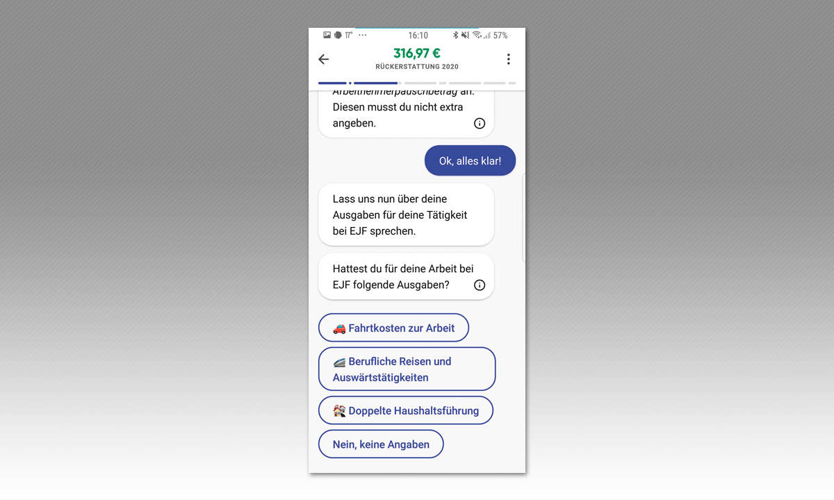 Steuererklärungs-Apps im Vergleich: Steuerbot App Screenshot