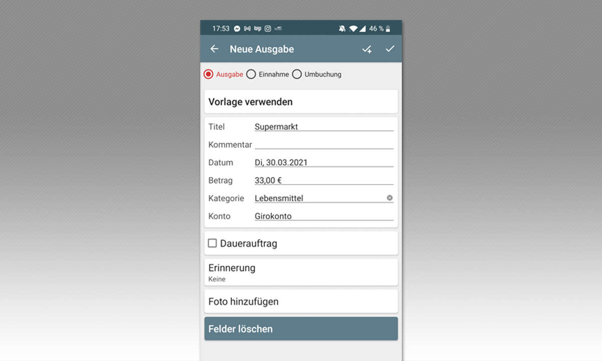 Haushaltsbuch-Apps im Test: Testverfahren Screenshot Money Manager