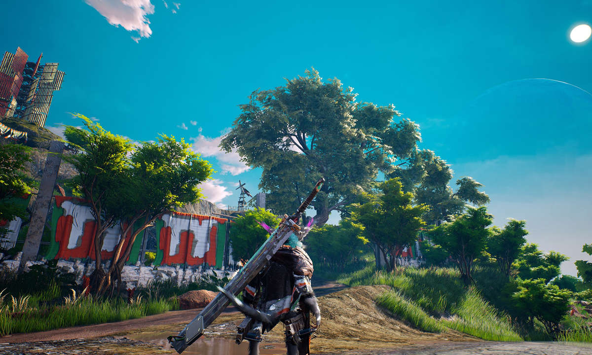 Spielcharakter aus Biomutant vor malerischer Landschaft