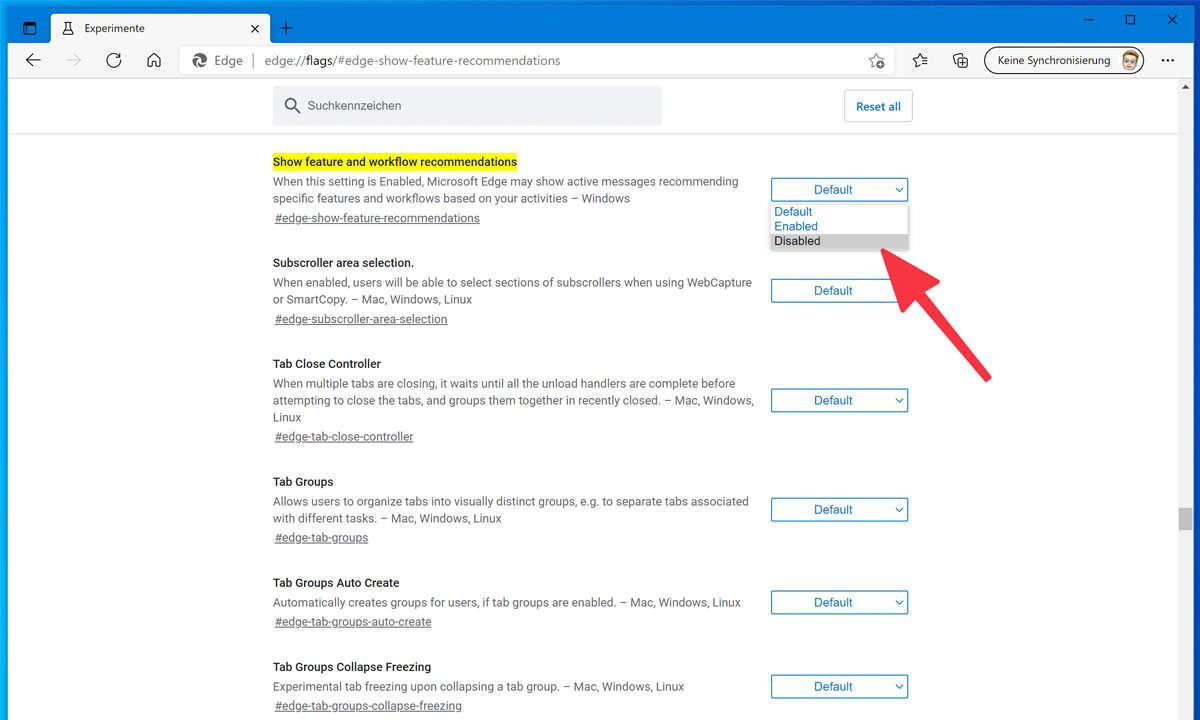 Hier geht's zum Ausschalter in Edge.