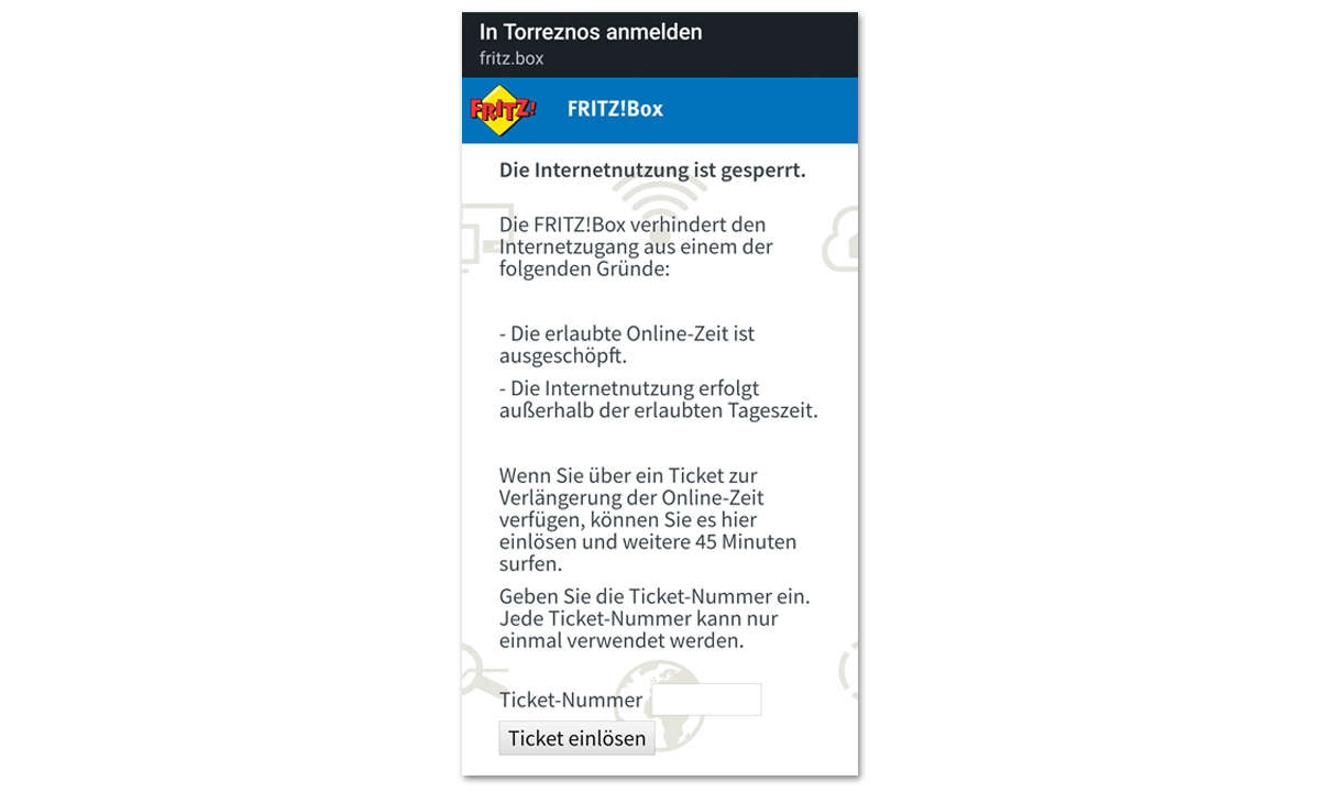 Fritzbox Update 2021: Smartphone Ticket-Anmeldung Screenshot