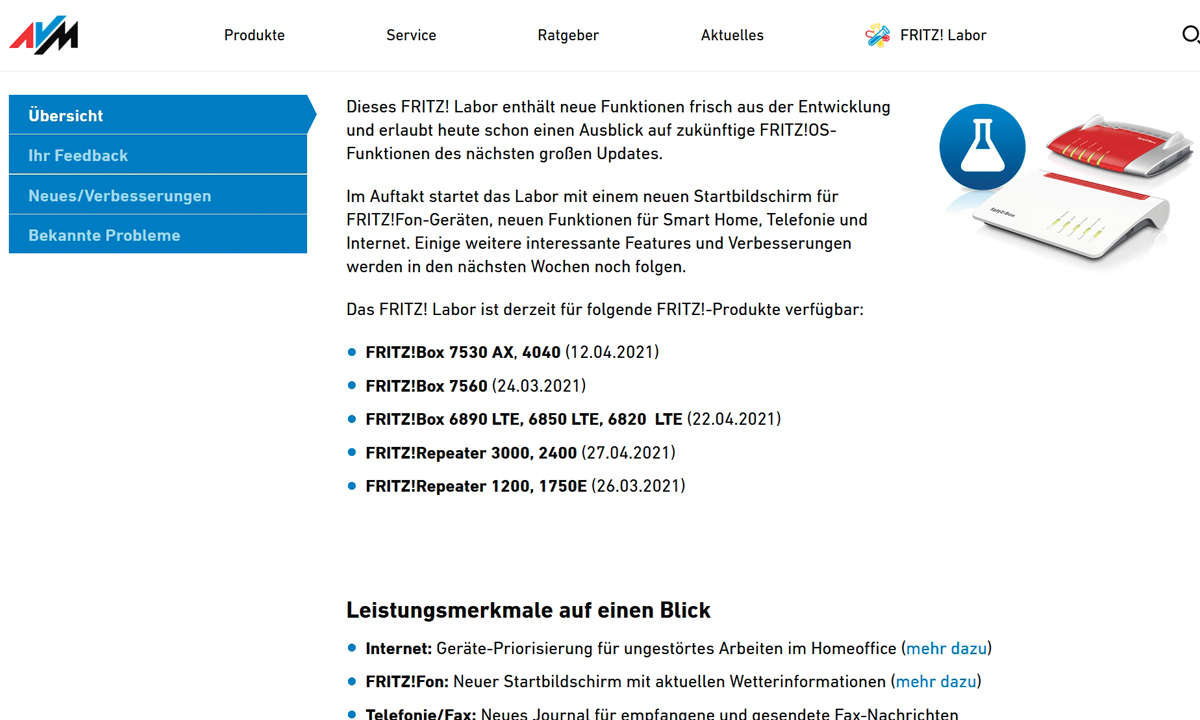 Fritzbox Update 2021: Laborversionen Screenshot