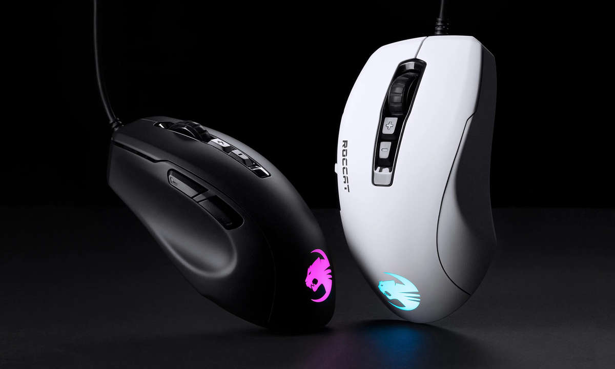 Foto der Roccat Kone Pure Ultra in weiß und schwarz mit eingeschalteter RGB-Beleuchtung