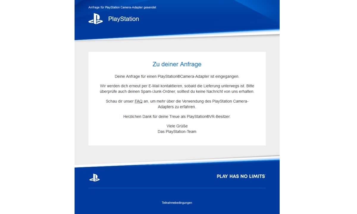 Nach der Anmeldung für den PSVR-Adapter bestätigt Sony zuerst den Eingang der Anfrage.