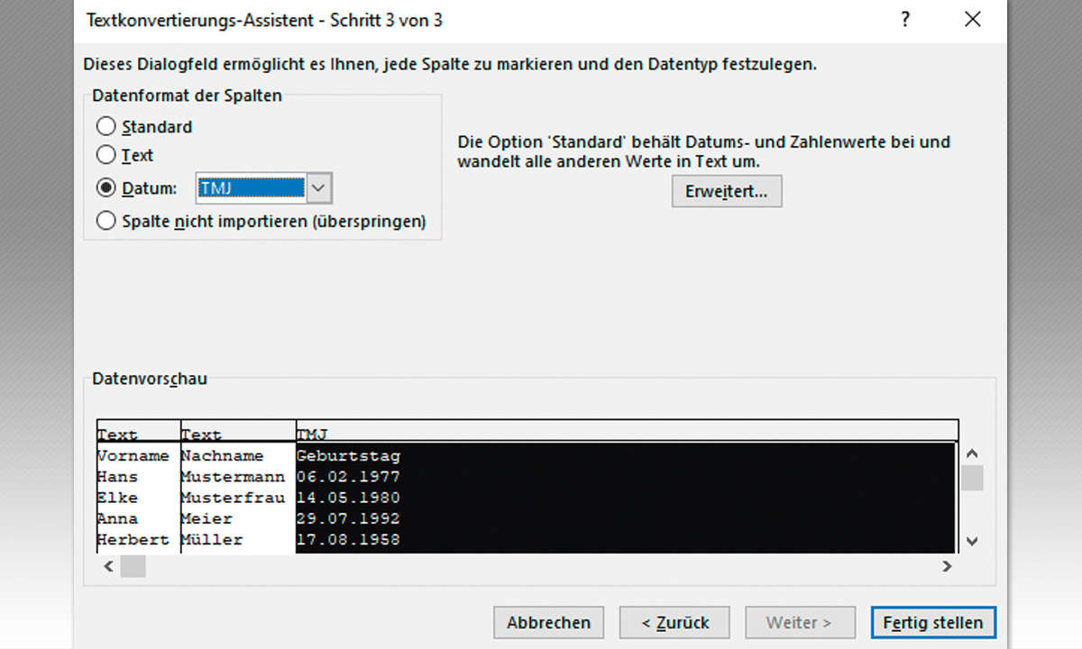 Excel: CSV-Dateien in Excel importieren Datenformat Screenshot