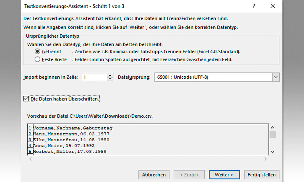 Excel: CSV-Dateien in Excel importieren Texkovertierungs-Assistent Screenshot