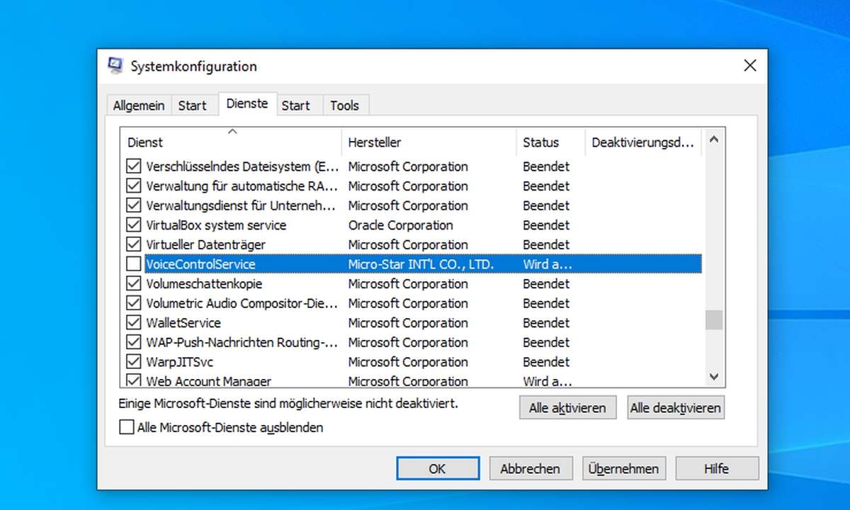 Im Microsoft-Tool deaktiveren Sie den richtigen Dienst: Dann ist das