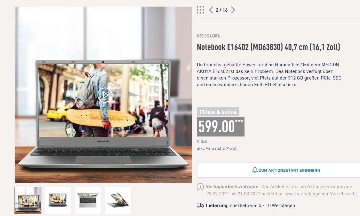 Ab 29.07. findet sich der Medion Akoya E16402 bei Aldi.