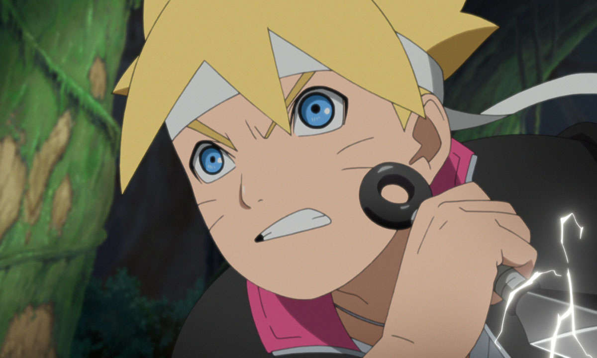 Boruto mit grimmigem Gesichtsausdruck und Blitze versprühendem Kunai-Messer