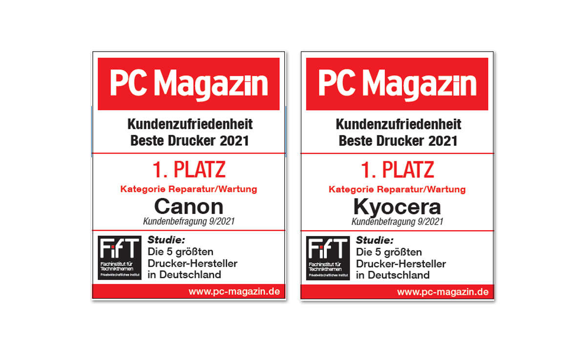 Kundenzufriedenheit Beste Drucker 2021: Siegel 1. Platz Kategorie Reparatur/Wartung: Canon & Kyocera