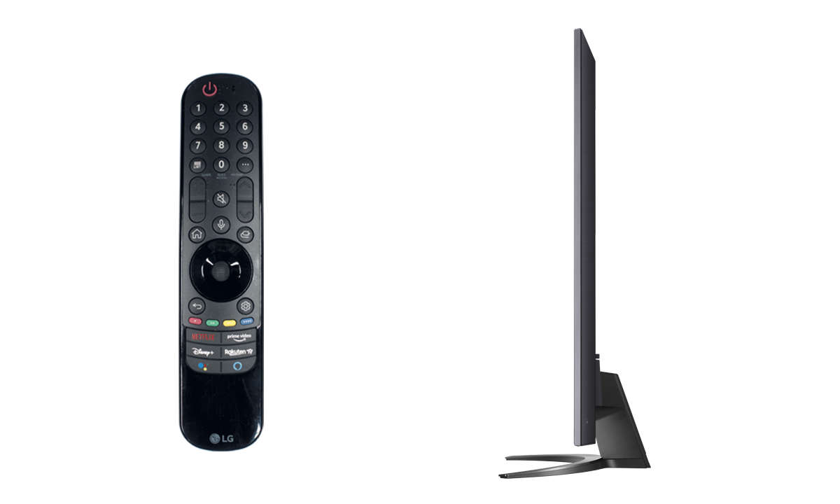 LG 65NANO869PA im Test: Fernbedienung u. Seitenansicht