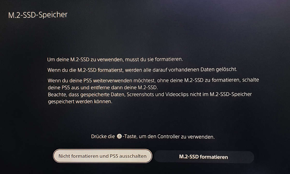 Wird eine M.2-SSD von der PS5 erkannt, wird sie nach dem Start formatiert.