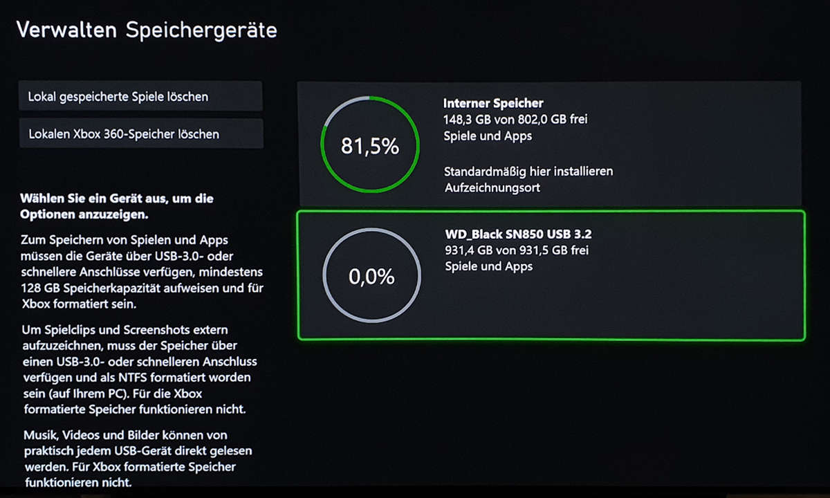 Immerhin wird die WD_Black SN850 an einem USB-3.2-Adapter von der Xbox Series X erkannt. Den Namen haben wir aber manuell vergeben.