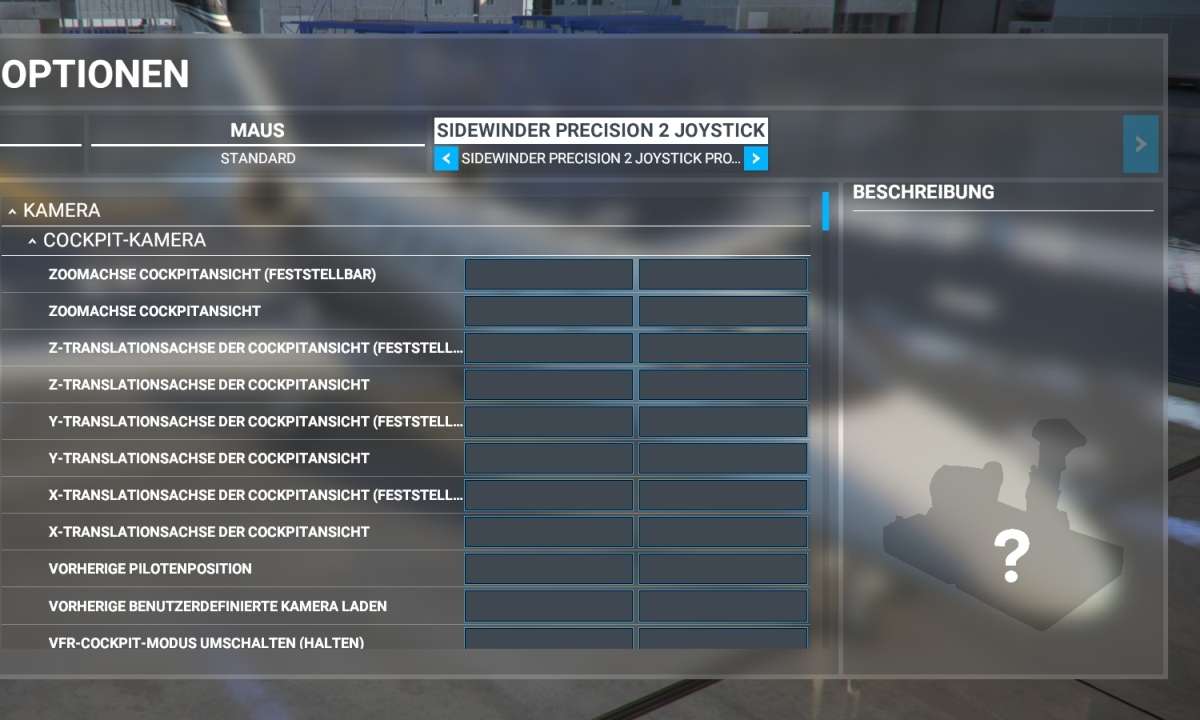 Wird ein Controller vom Flight Simulator nicht unterstützt, sehen Sie ein Joystick-Symbolbild mit Fragezeichen - und müssen alle Tasten selbst belegen.
