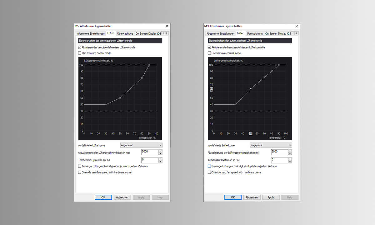 In den Lüftereinstellungen können Sie die Drehzahl der GPU-Kühler anpassen.