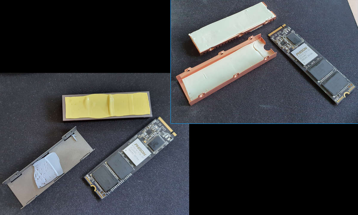Die Heatsink der MP600 Core ist zu groß für die PS5 (unten links), wir tauschen sie mit einem passenden Kühler.