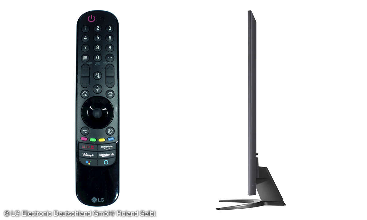 LG 65NANO819PA im Test: Fernbedienung und Seitenansicht