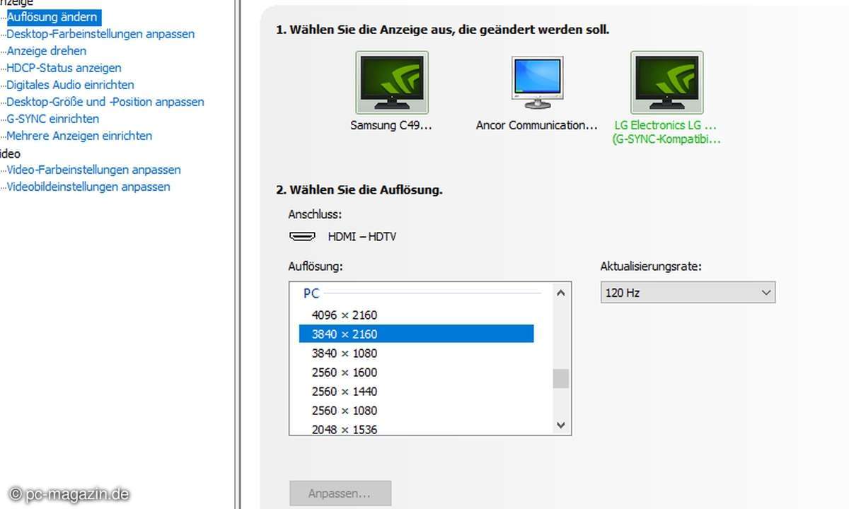Die PC-Auflösung für UHD mit 120Hz ließ sich ohne Probleme einstellen, als wäre der Rechner direkt mit dem TV verbunden.