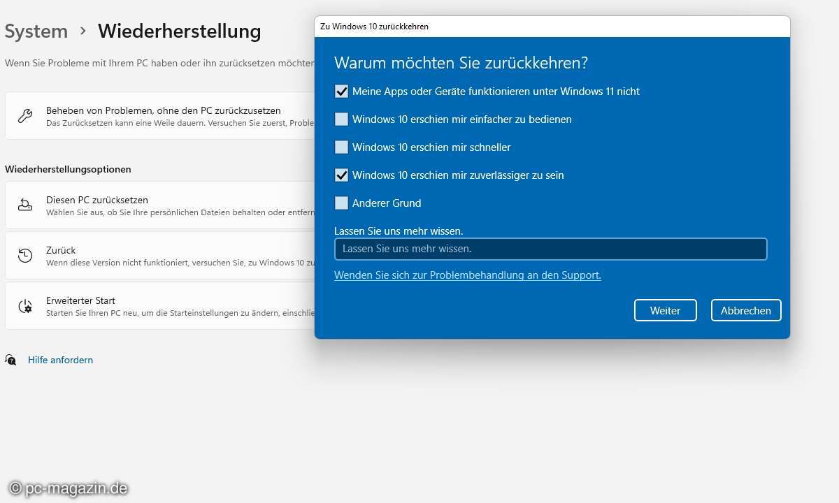 Wenn Sie wollen, können Sie Microsoft noch verraten, warum Sie lieber Windows 10 statt 11 nutzen möchten.