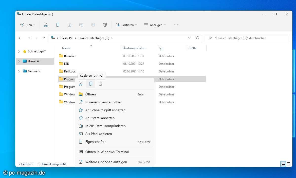 Ein Rechtsklick im Windows-11-Explorer öffnet ein kompakteres Menü. Wird ein Eintrag vermisst, ist dieser erst nach der Tastenkombination Shift + F10 sichtbar.