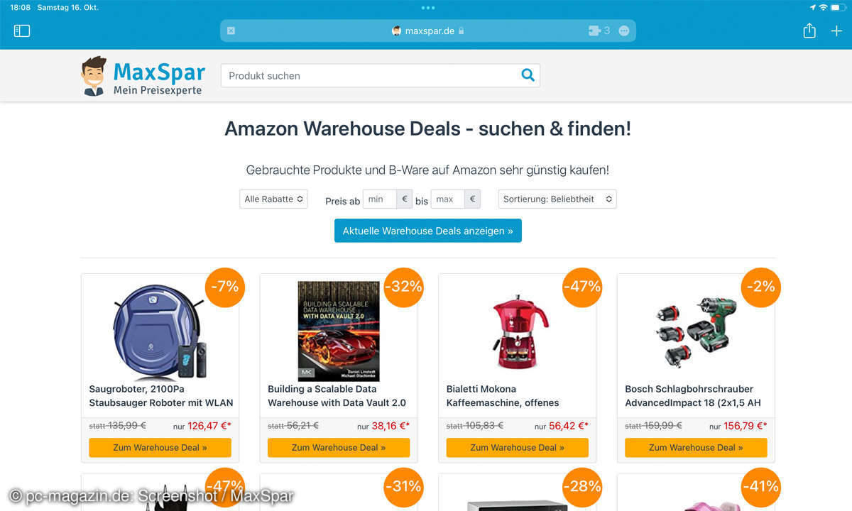MaxSpar listet die Amazon-Warehouse-Angebote mit den höchsten Rabatten.