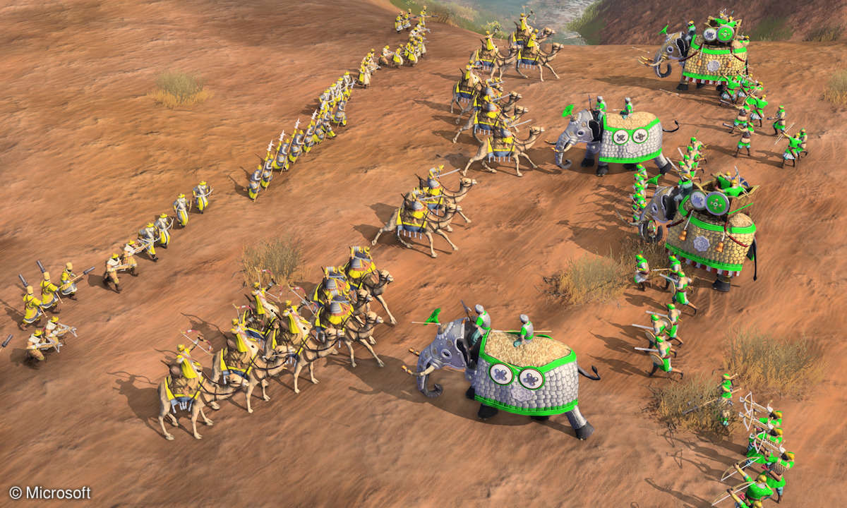 Screenshot aus Age of Empires 4 zeigt Kamelreiter und Elefanten