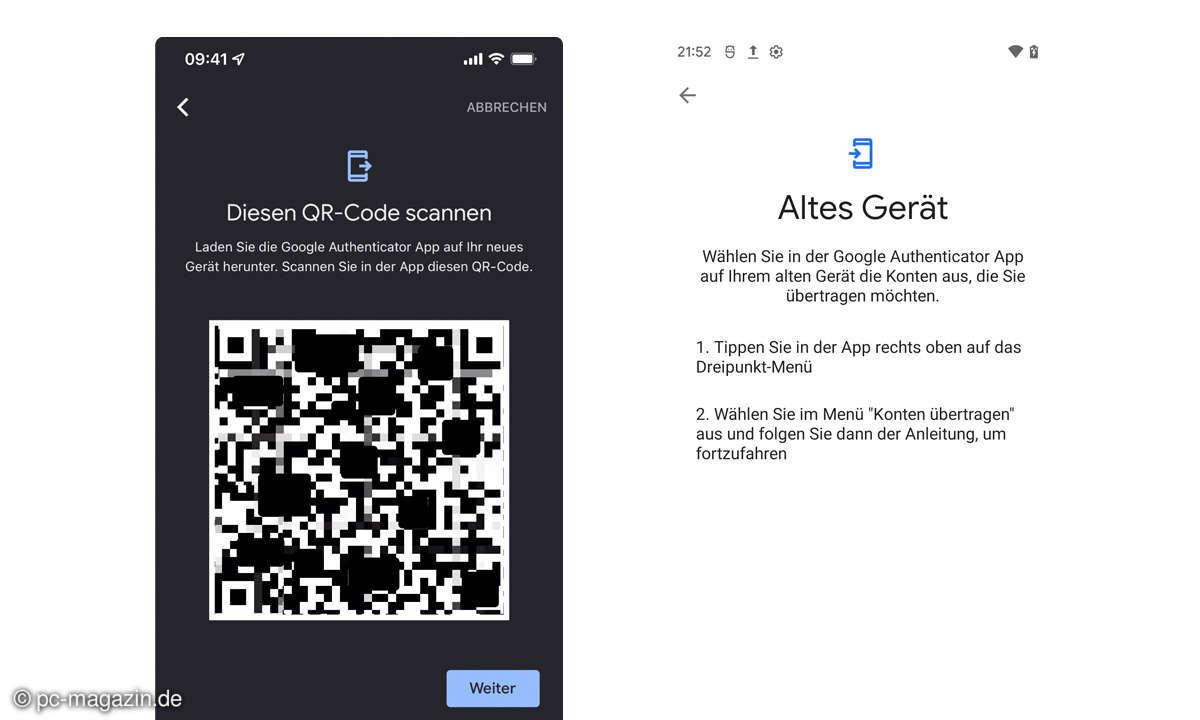 Beim Umzug von 2FA von Handy zu Handy erstellen Sie einen QR-Code am alten Gerät und fotografieren ihn mit Google Authenticator am neuen Smartphone ab.