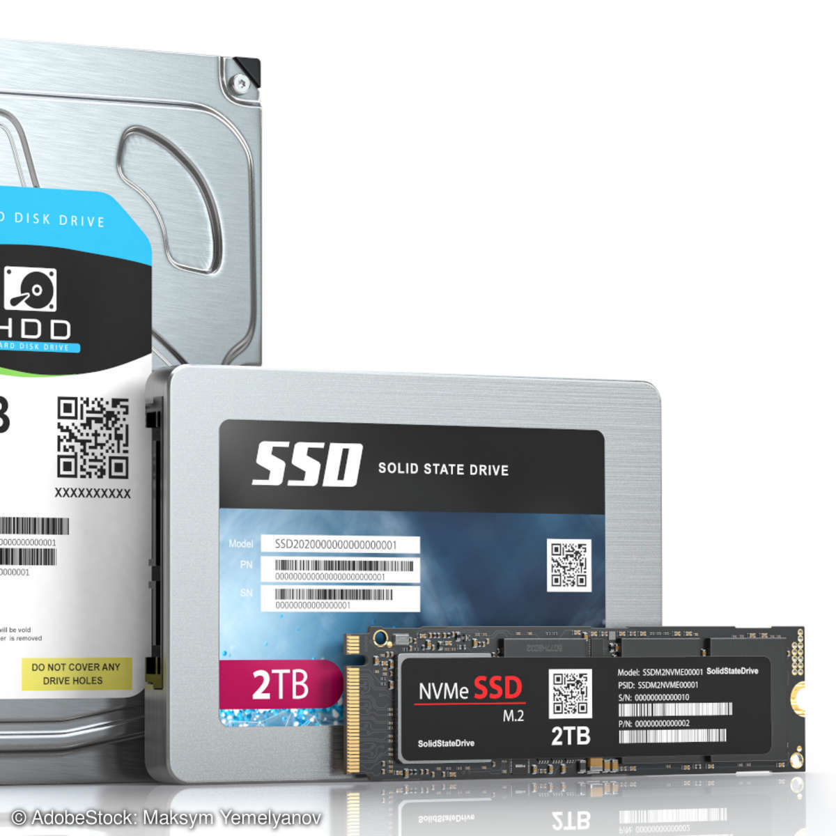 HDD, SATA-SSD und M.2-SSD vor weißem Hintergrund