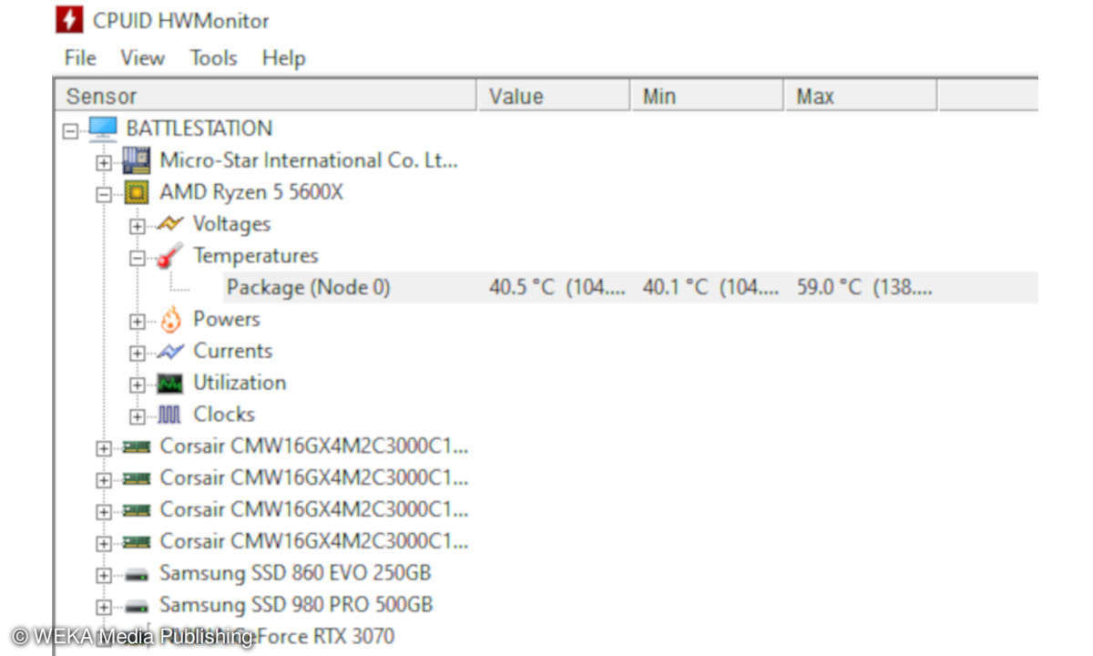 Das Hauptmenü der Software HWMonitor