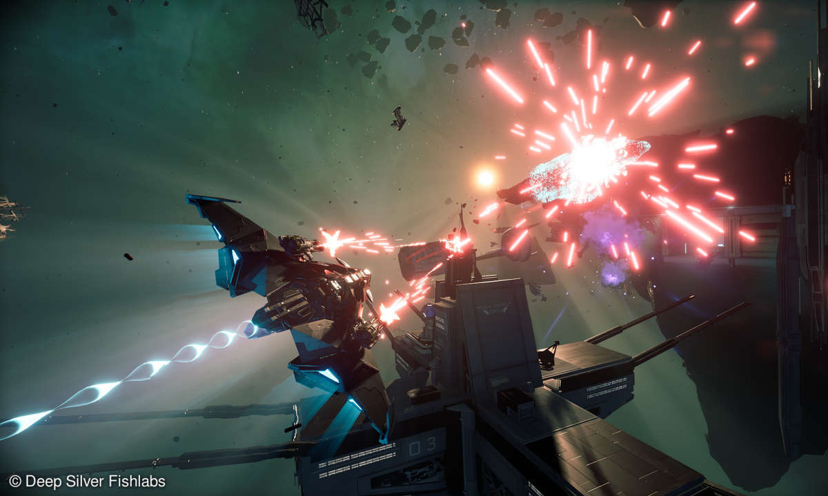 Screenshot aus Chorus zeigt das Raumschiff Forsaken und ein explodierendes feindliches Schiff