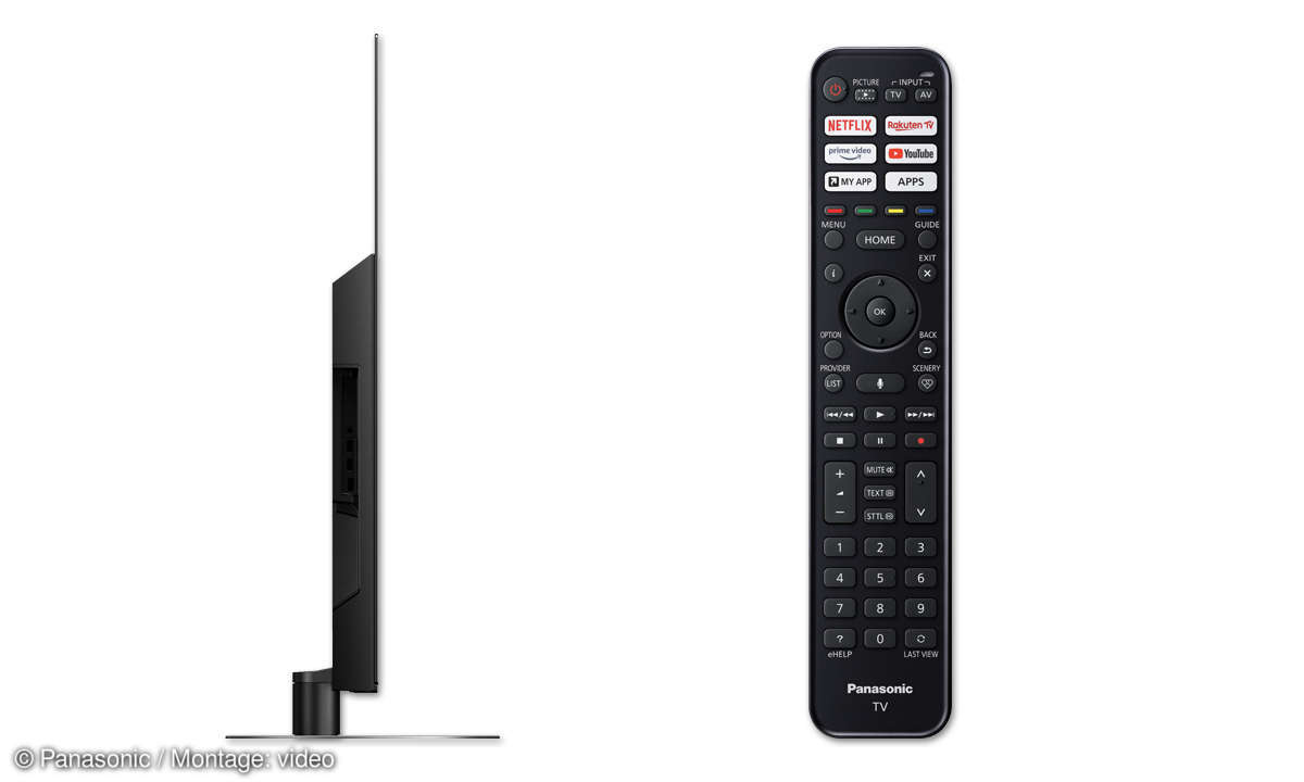 Panasonic TX-65JZW984 im Test - Seitensansicht TV und Fernbdedienung