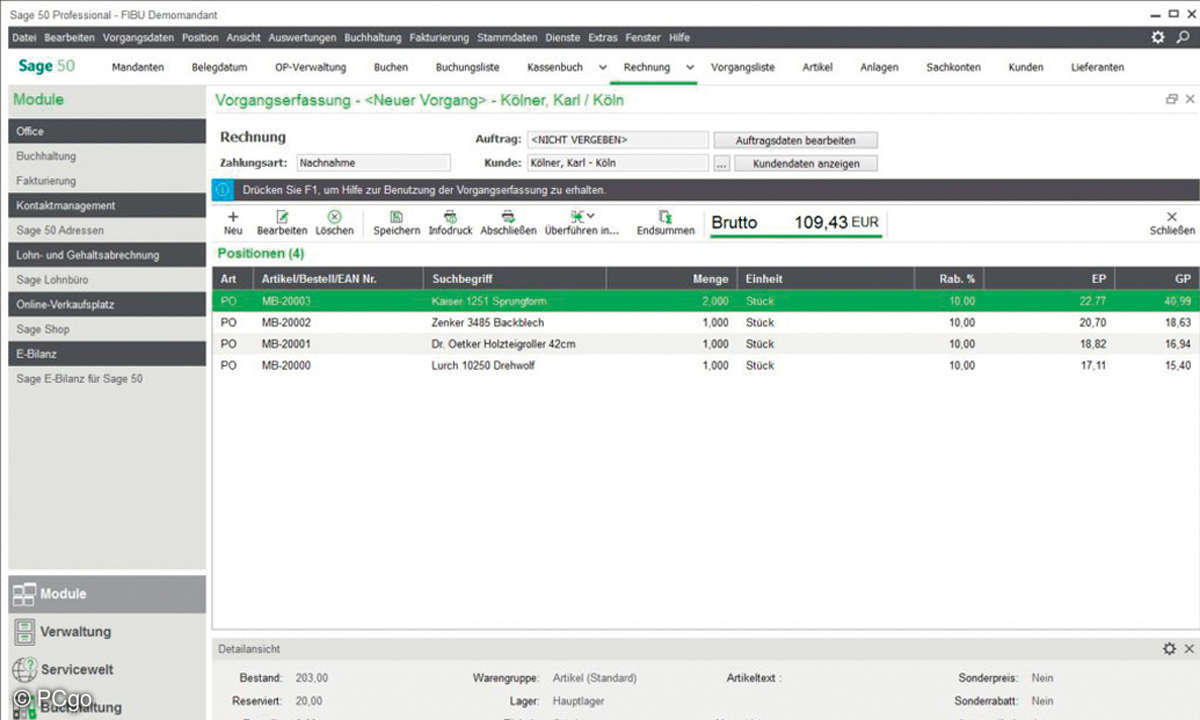 Kaufmännische Software-Lösungen: Screenshot - Sage 50 Connected - Vorgangserfassung