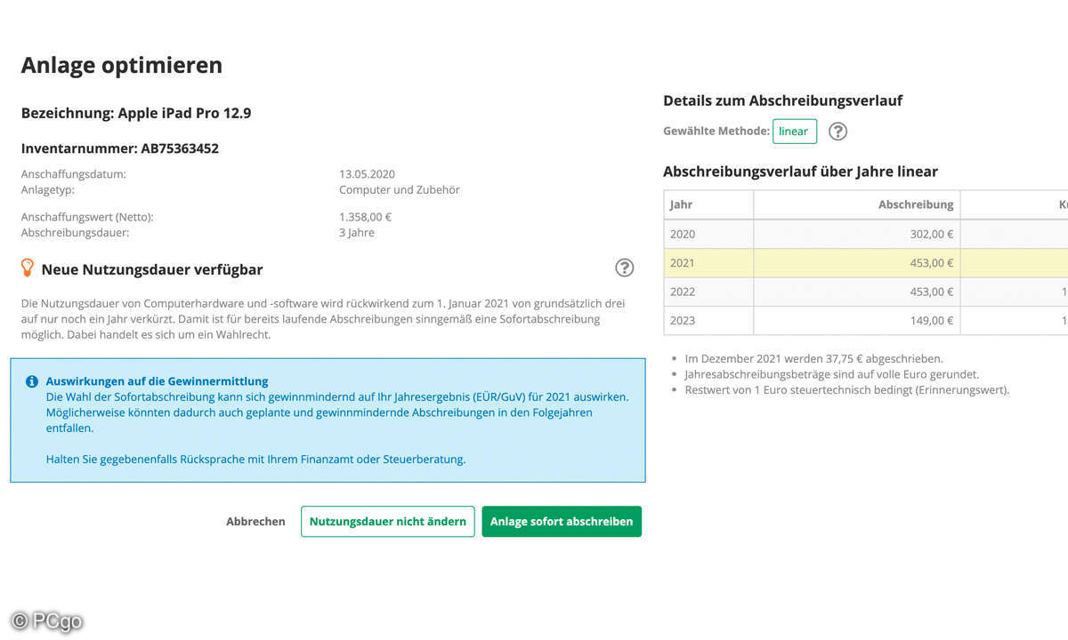 Kaufmännische Cloud-Lösungen: Screenshot - lexoffice - Assistent Steueränderungen