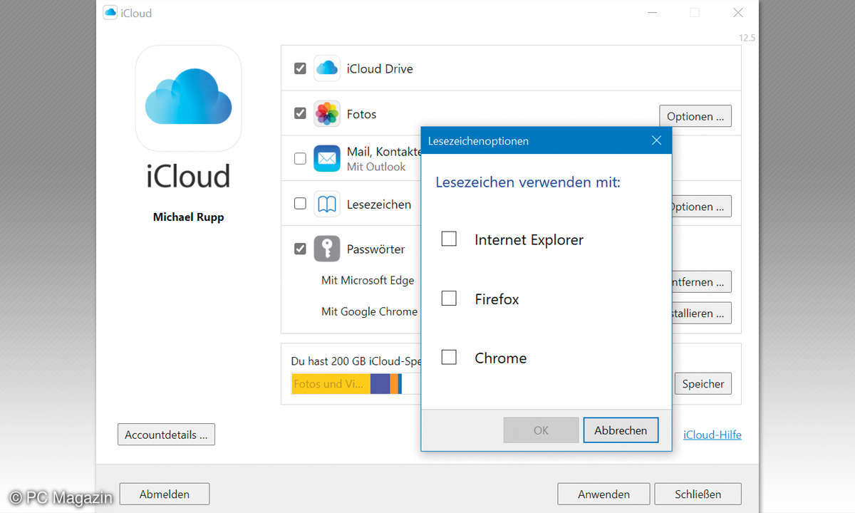 Apple-Geräte mit dem Windows-PC verbinden - Screenshot Lesezeichen Einstellungen