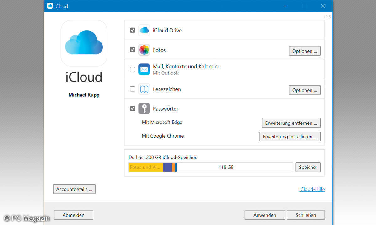 Apple-Geräte mit dem Windows-PC verbinden - Screenshot iCloud für Windows