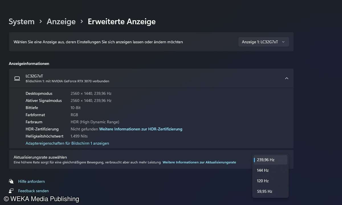 Die WIndows-11-Einstellungen für Erweiterte Anzeige
