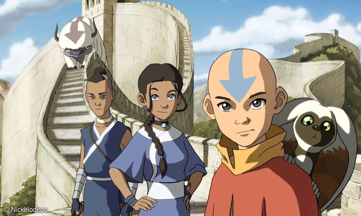 Avatar Aang mit Katara, Sokka, Flug-Lemur Momo und Flug-Bison Appa