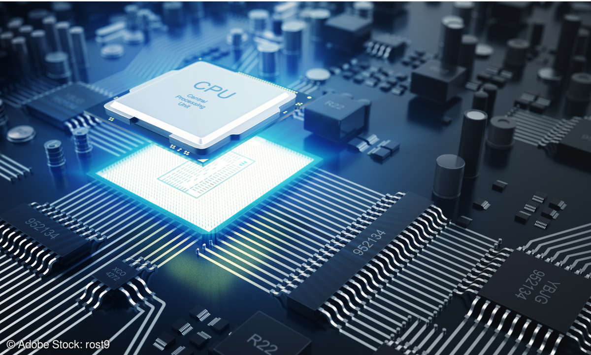 Stockbild zeigt ein Renderbild einer CPU über blau leuchtendem Sockel