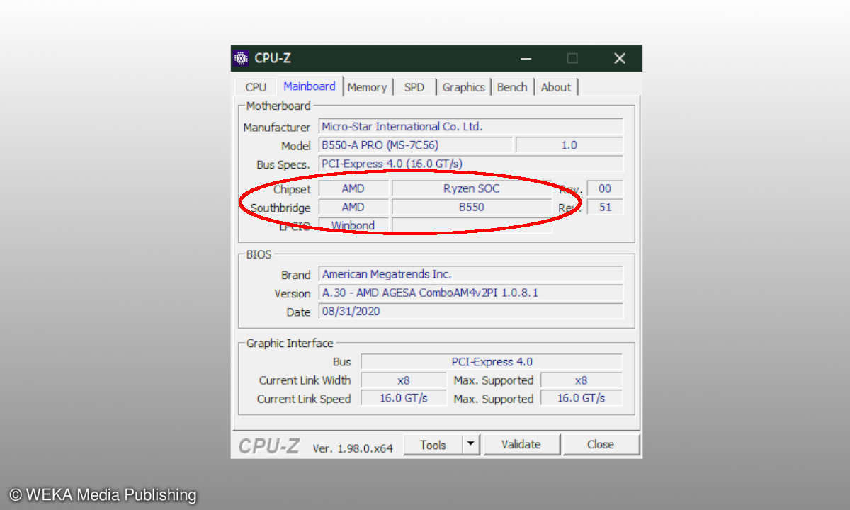 Screenshot von CPU-Z, auf dem der Chipsatz markiert wurde
