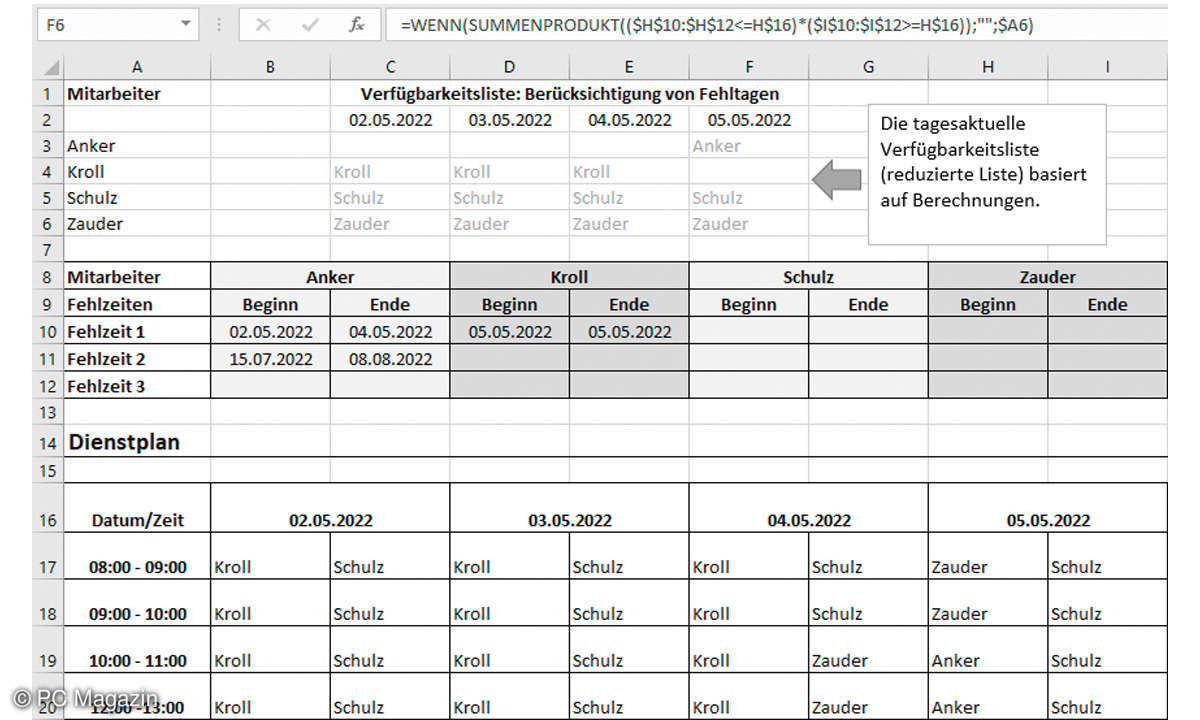 Excel Diensplan Zell-Dropdown Screenshot