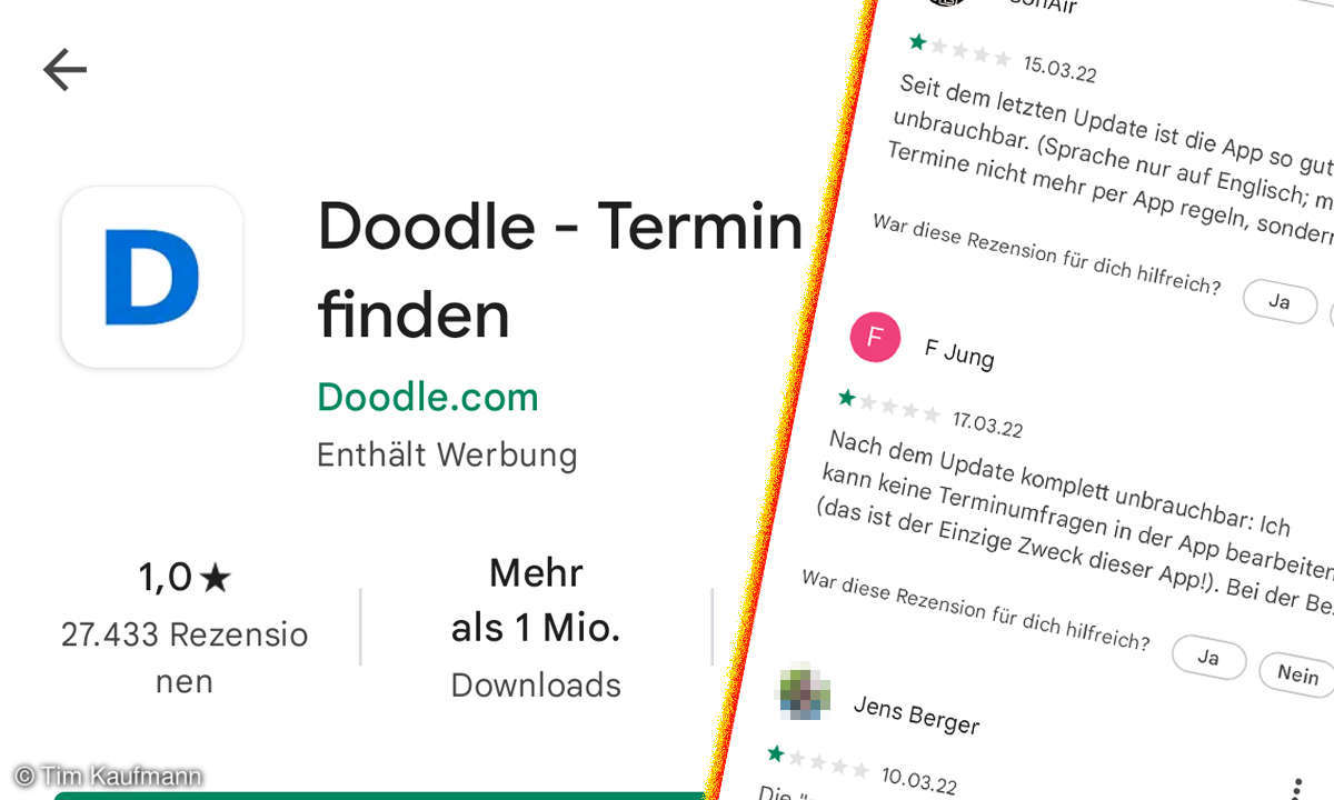 Nur 1 Stern von maximal 5 - die Doodle-App ist nach Meinung vieler Rezensenten nahezu unbrauchbar geworden.