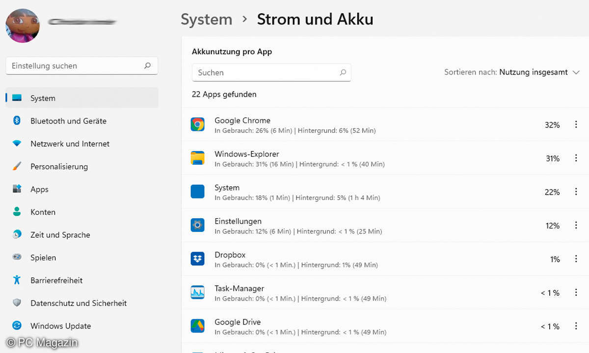 Windows 11: Energiesparmodus aktivieren - Akkunutzung pro App Screenshot