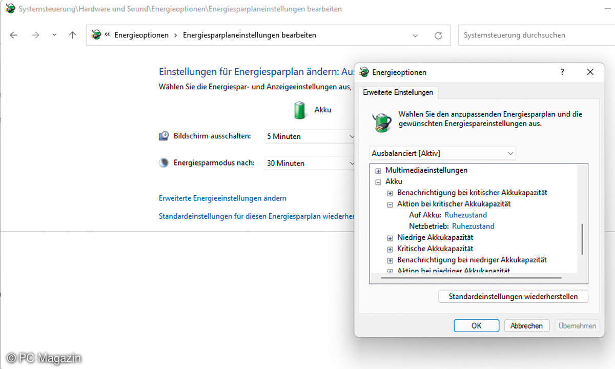 Windows 11: Energiesparmodus aktivieren - krititscher Akku Screenshot