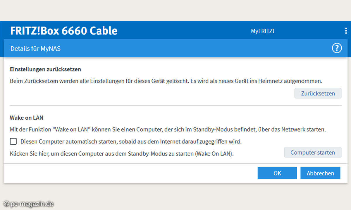 Einen Rechner schalten Sie aus der Ferne in der Regel über das Routermenü ein, hier bei einer Fritzbox.