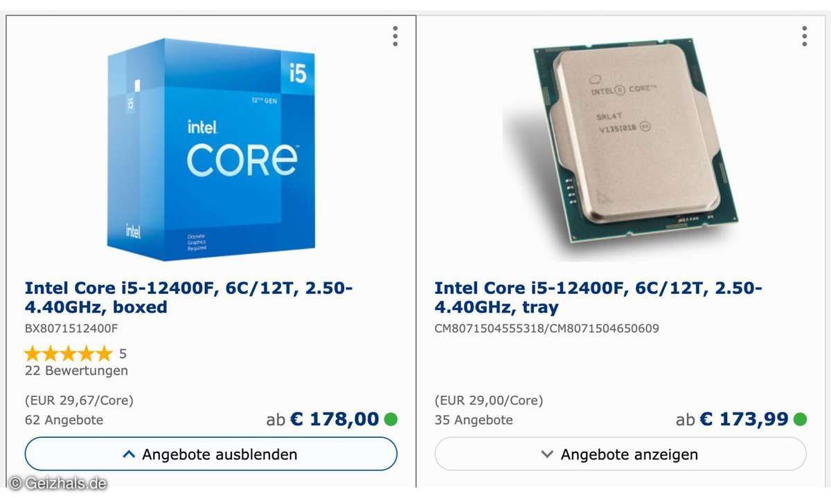 Screenshot von CPU- und Tray-Angebot bei Geizhals