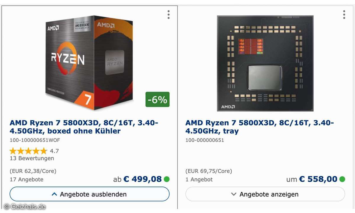Screenshot von CPU- und Tray-Angebot bei Geizhals