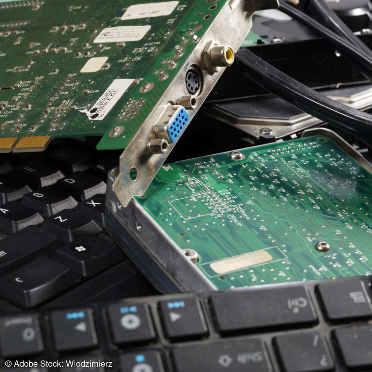 Ein Haufen Elektroschrott, darunter eine Grafikkarte, Tastatur und Kopfhörer