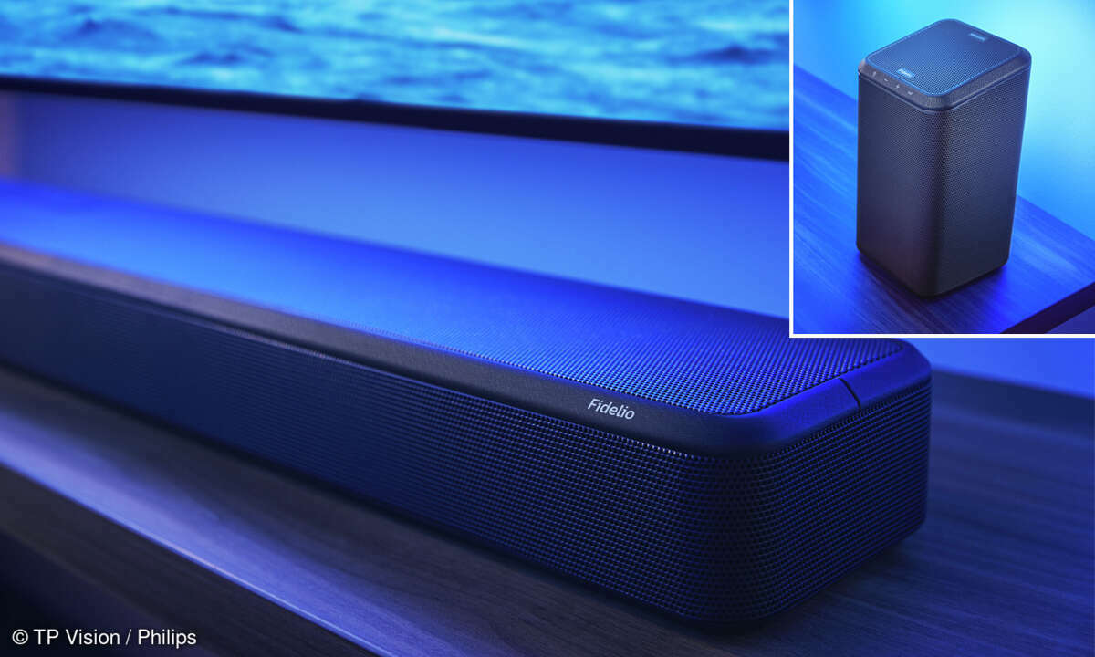 Die neue Soundbar Philips Fidelio FB1 und der Satellit FS1 (o. r.).