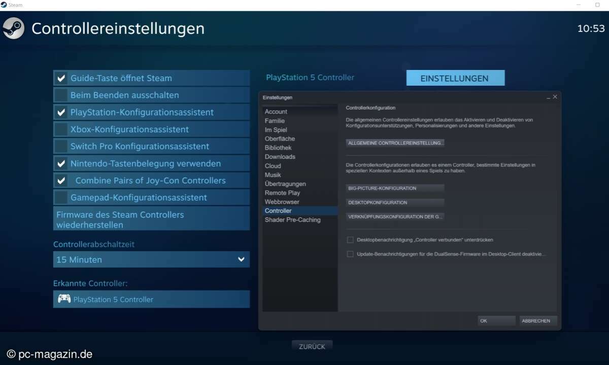 Via Steam können Sie Feineinstellungen des PS5-Controllers am PC vornehmen.