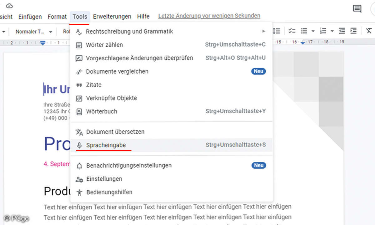 GoogleDocs Spracherkennung Screenshot